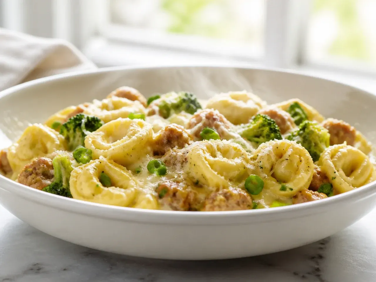 A simple skillet of sausage tortellini with bright green broccoli florets stirred through.