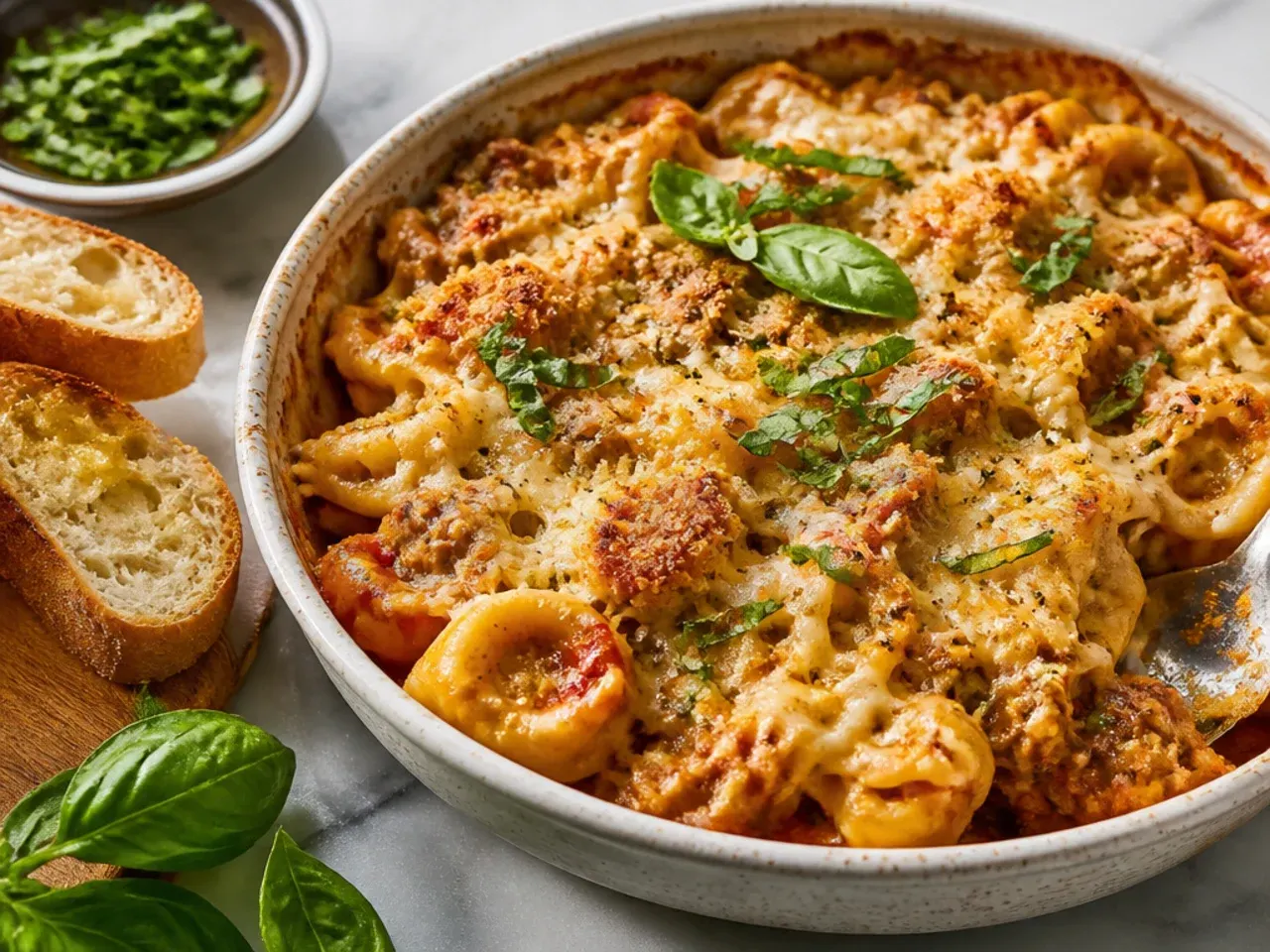 A bubbling four-cheese sausage tortellini bake with strings of melted cheese pulling apart.
