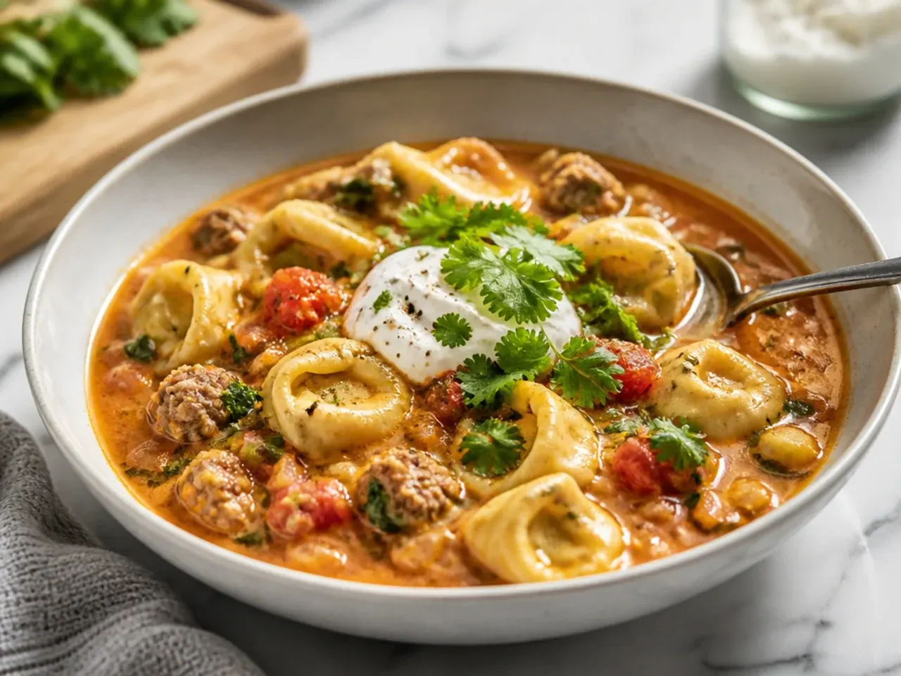 A bowl of sausage tortellini in a rosy tomato cream broth, served with crusty bread.