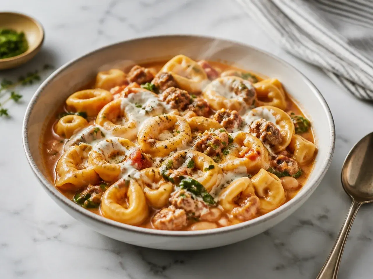 A budget skillet of bulk sausage tortellini bulked out with chickpeas and beans.