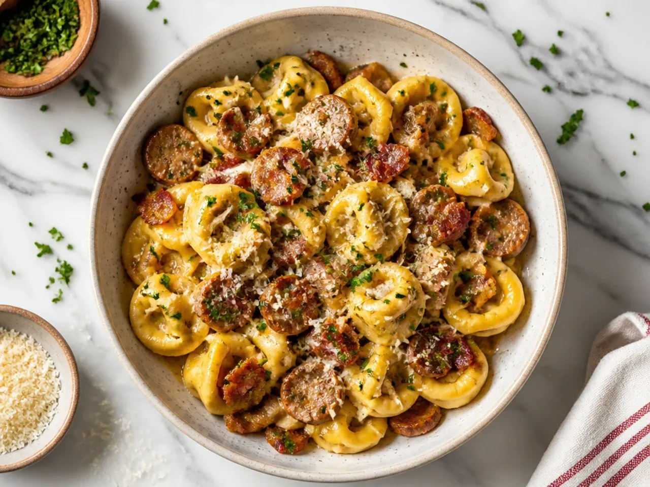 A smoky skillet of bacon and sausage tortellini with crisp bacon pieces scattered through the sauce.