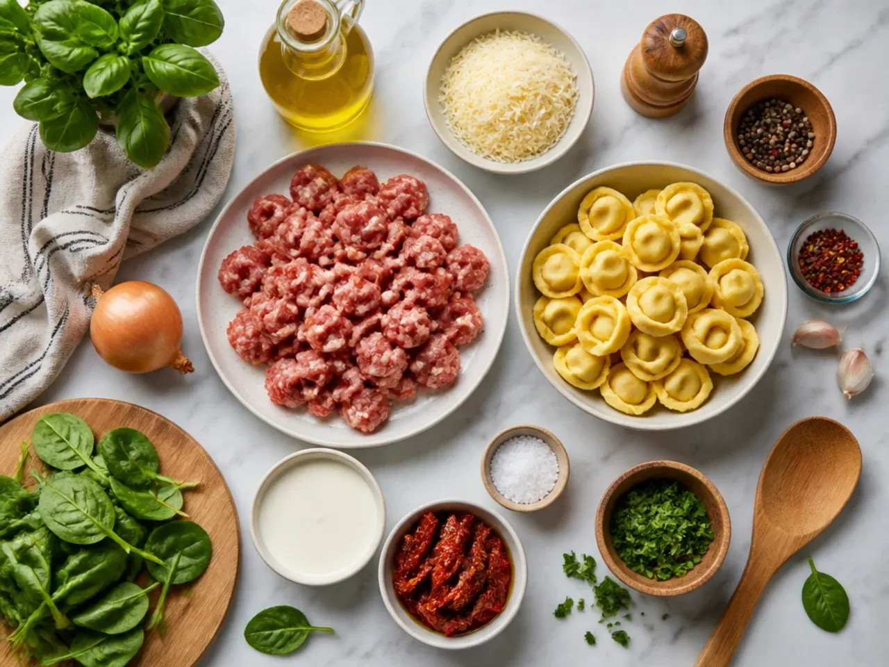 A close-up of a wooden spoon stirring a thick, creamy sausage tortellini sauce in a skillet.