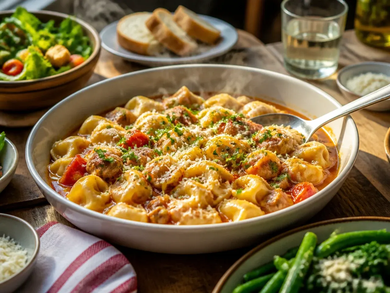 A dinner table set with a bowl of sausage tortellini, a green salad and slices of garlic bread.