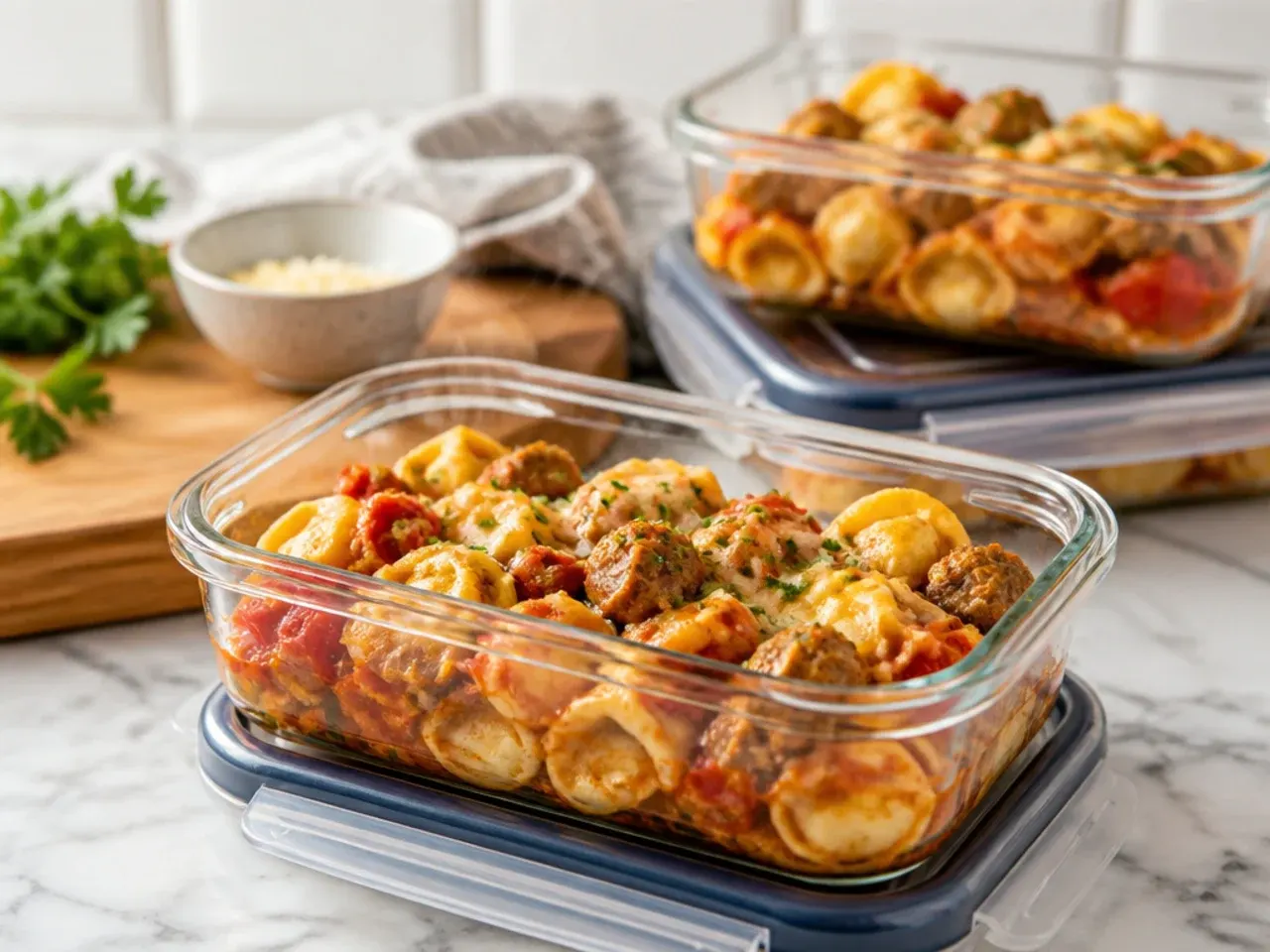Sausage tortellini stored in a glass airtight container, ready for the fridge or freezer.