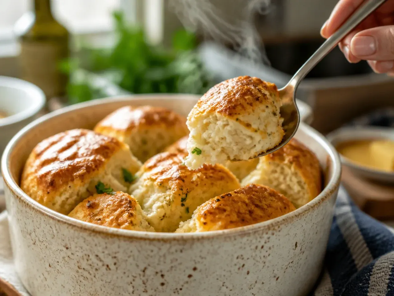 Basket of freshly baked golden savory scones with cheese and chives, ready to serve.