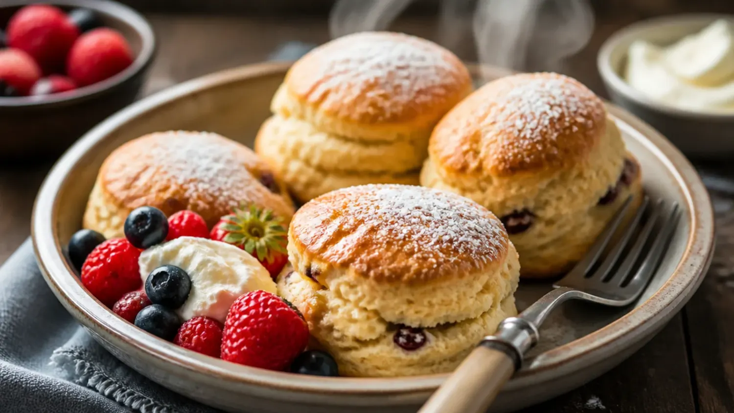 A batch of golden, well-risen scones cooling on a wire rack, one split open and topped with jam and clotted cream