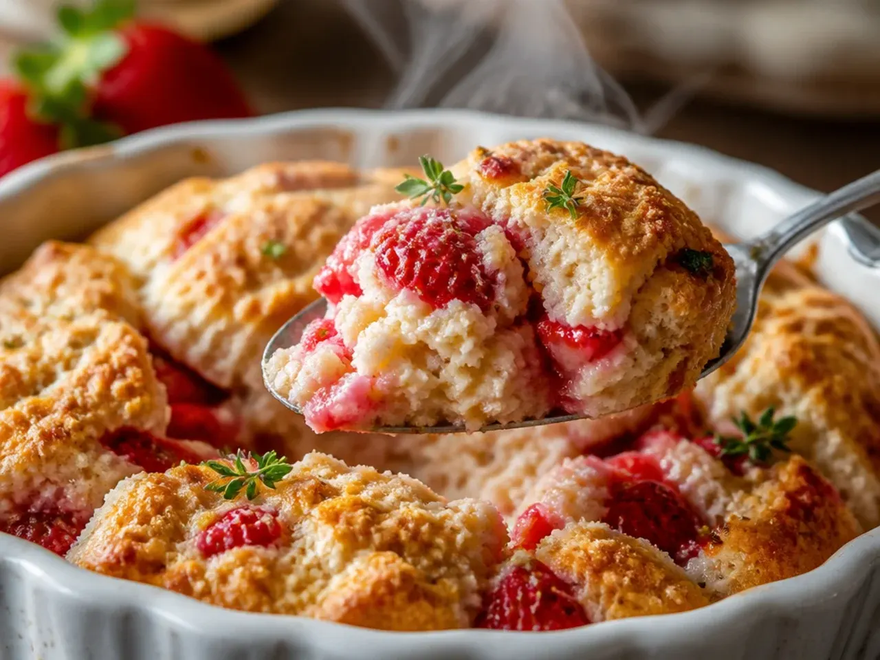 Fresh strawberry scones topped with whipped cream and sliced berries