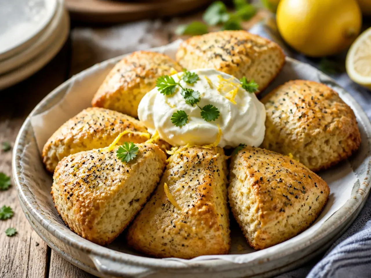 Lemon poppy seed scones drizzled with glacé icing