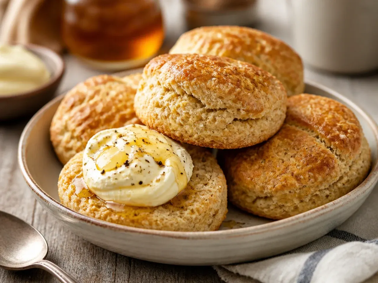 Wholemeal honey scones on a wooden board with a jar of honey