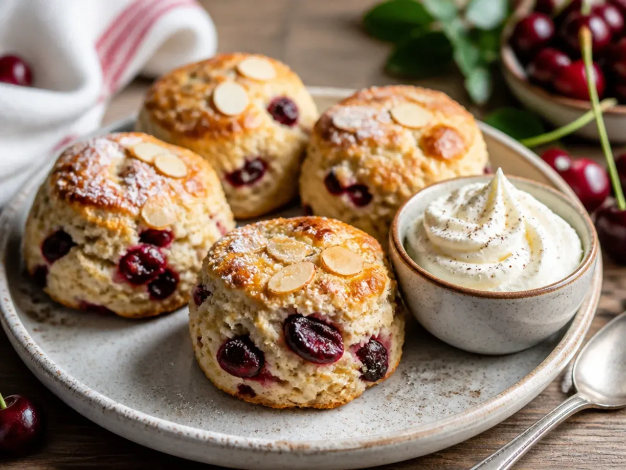Cherry and almond scones topped with flaked almonds