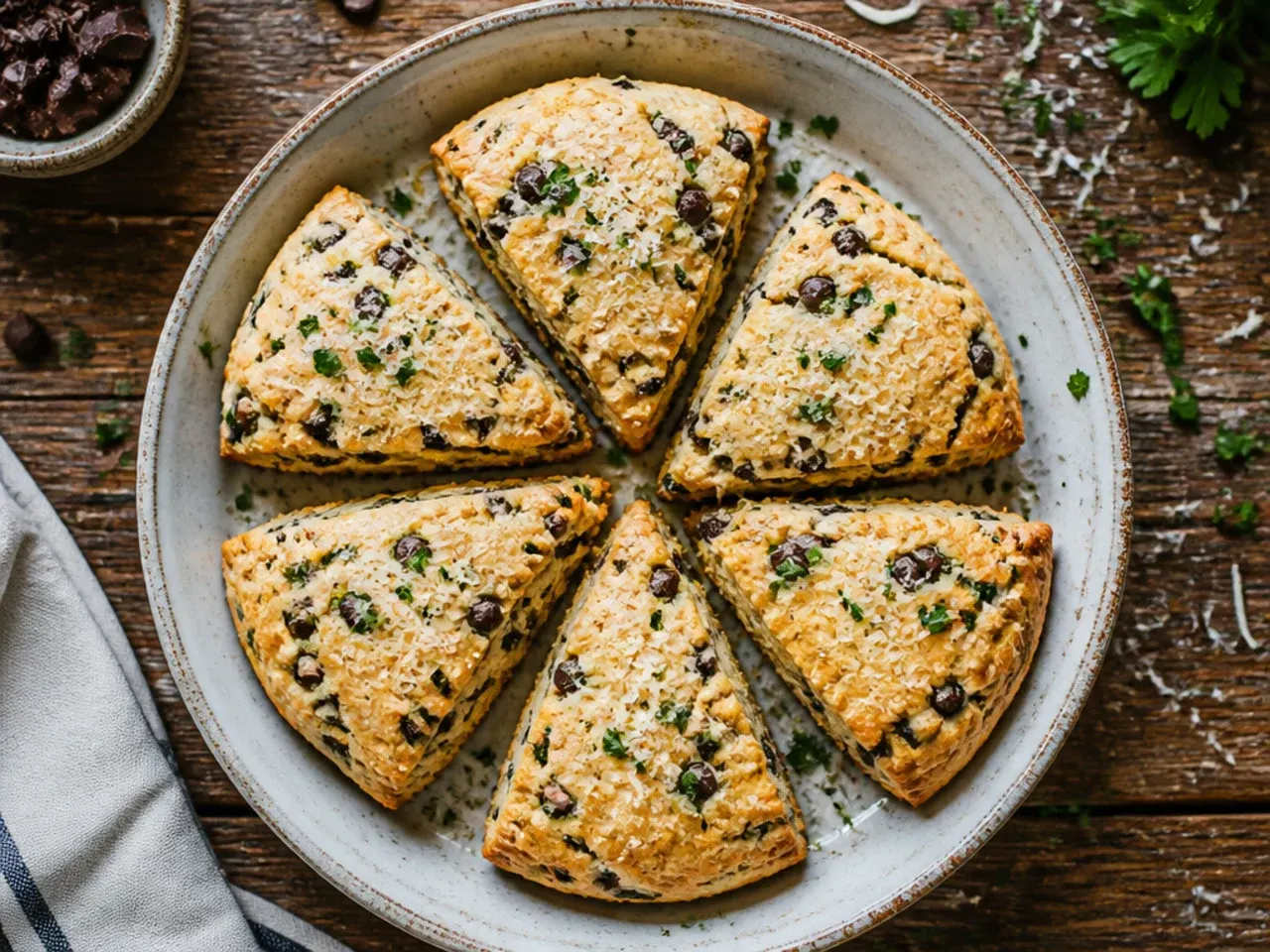 Chocolate chip scones split open showing melted chocolate pockets