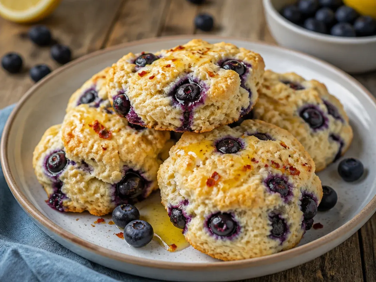 Blueberry lemon scones with icing drizzle on a cooling rack