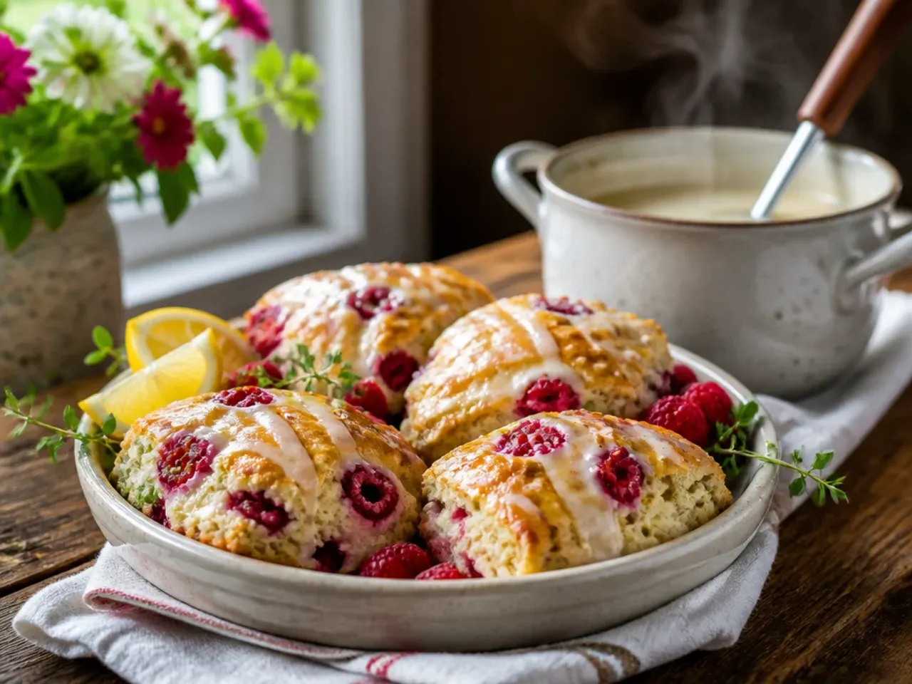 White chocolate raspberry scones dusted with icing sugar