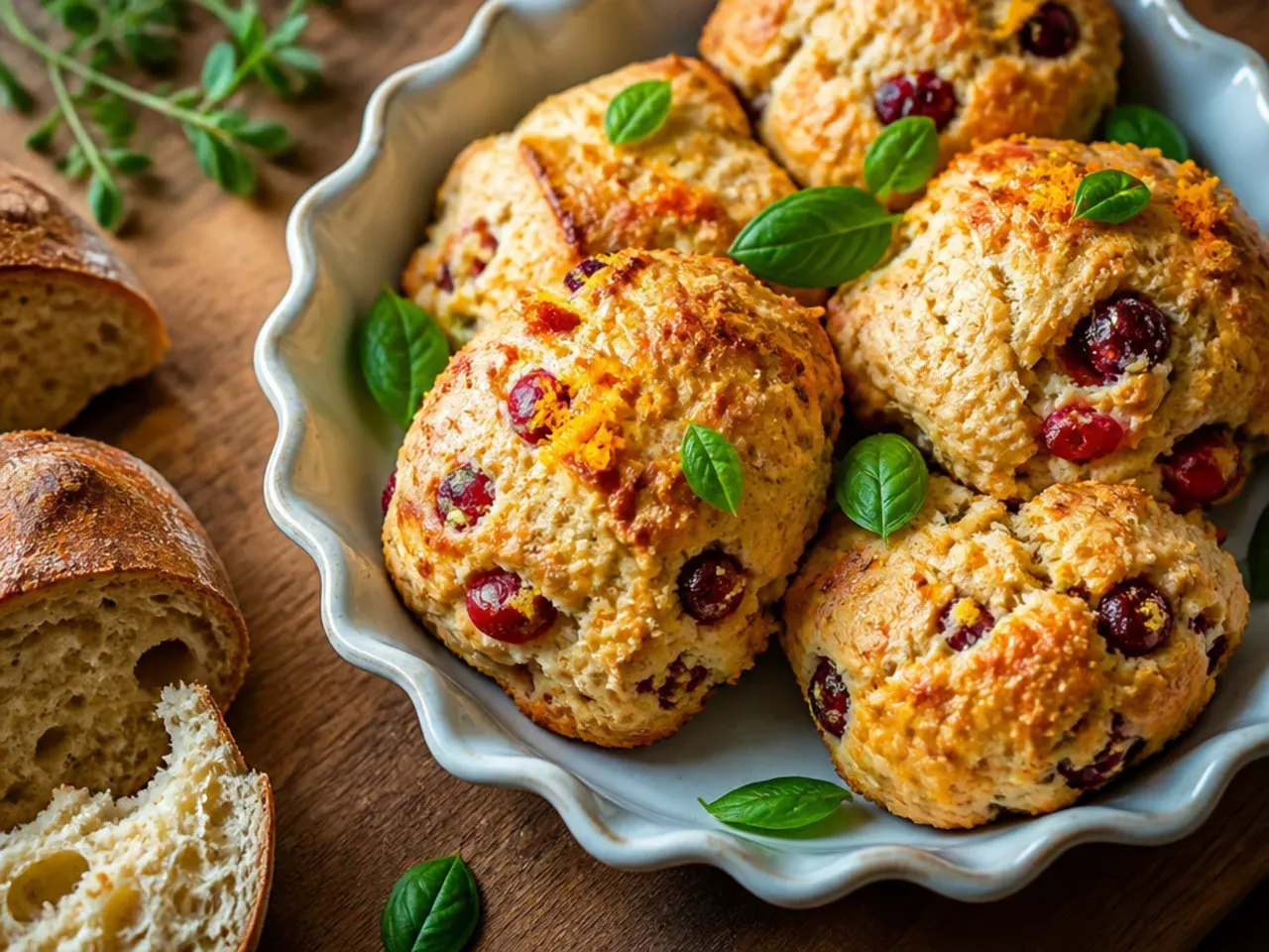 Orange cranberry scones with orange icing drizzle, festive styling