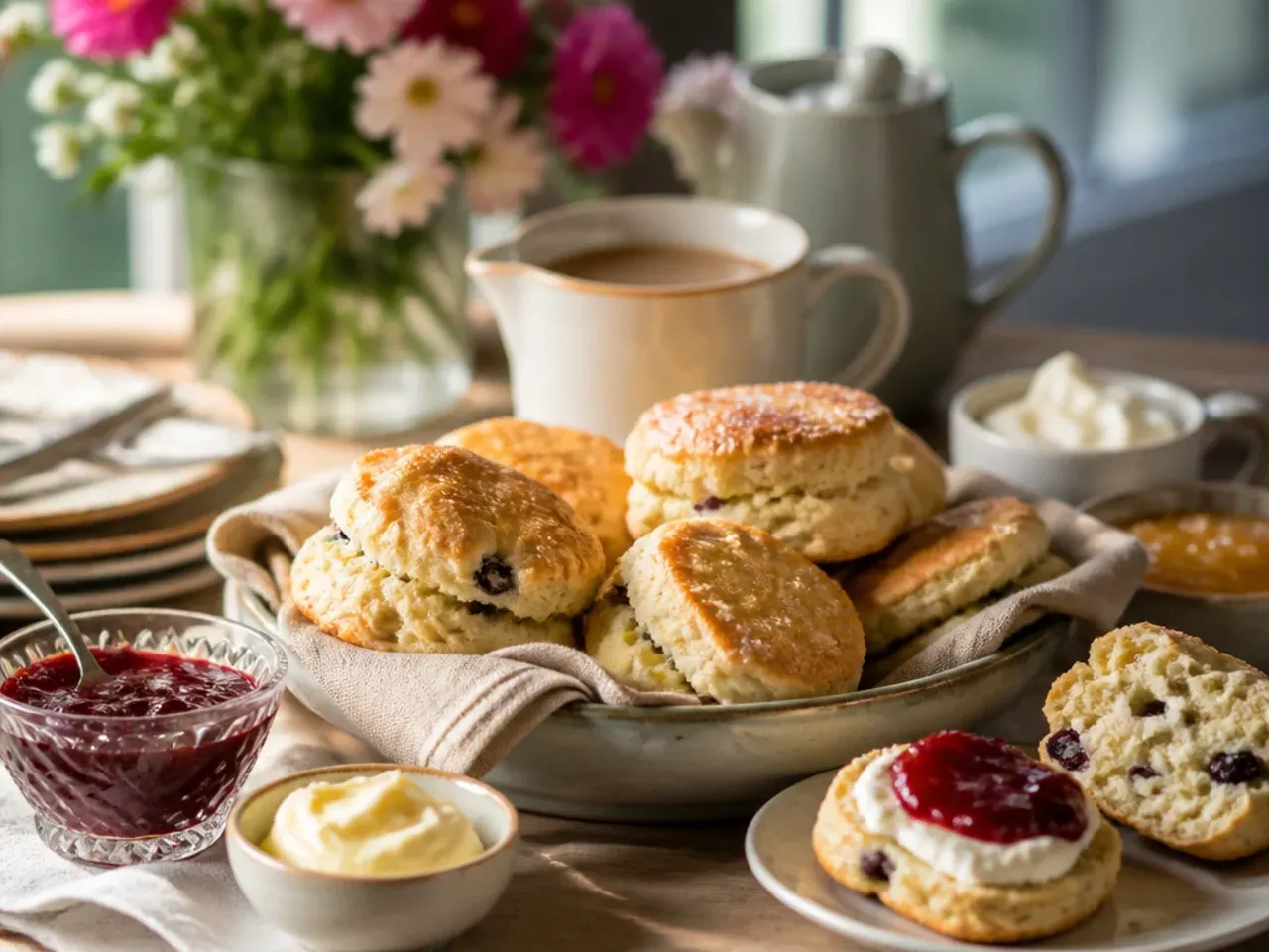 Afternoon tea spread with scones, jam, clotted cream and a teapot