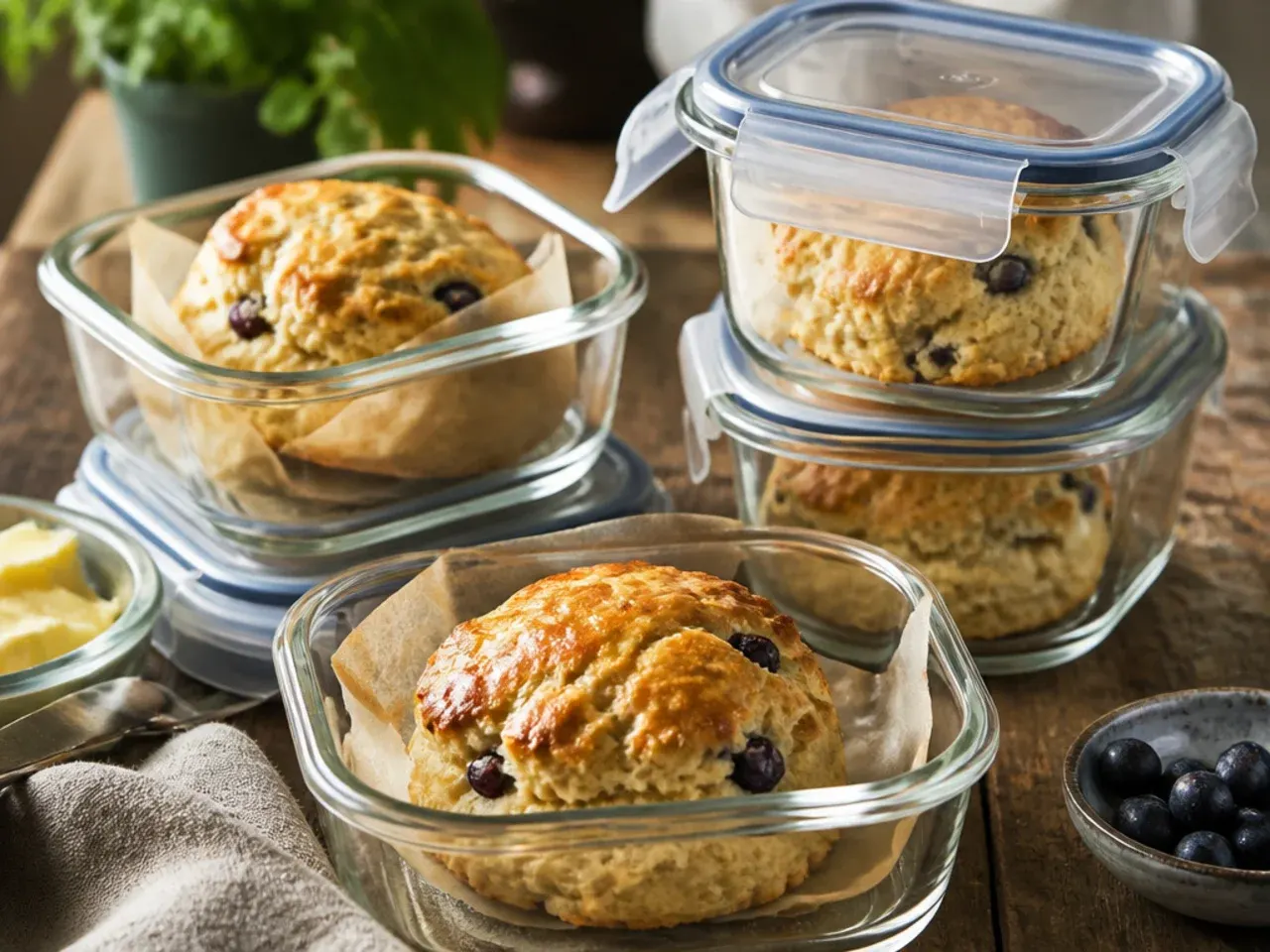 Scones stored in an airtight container next to a labelled freezer bag