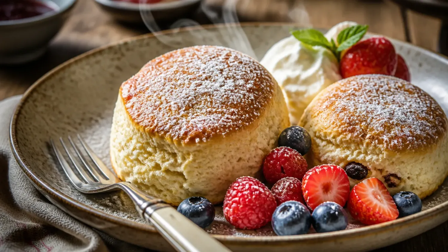 Stack of freshly baked golden scones split open with clotted cream and strawberry jam on a rustic wooden board