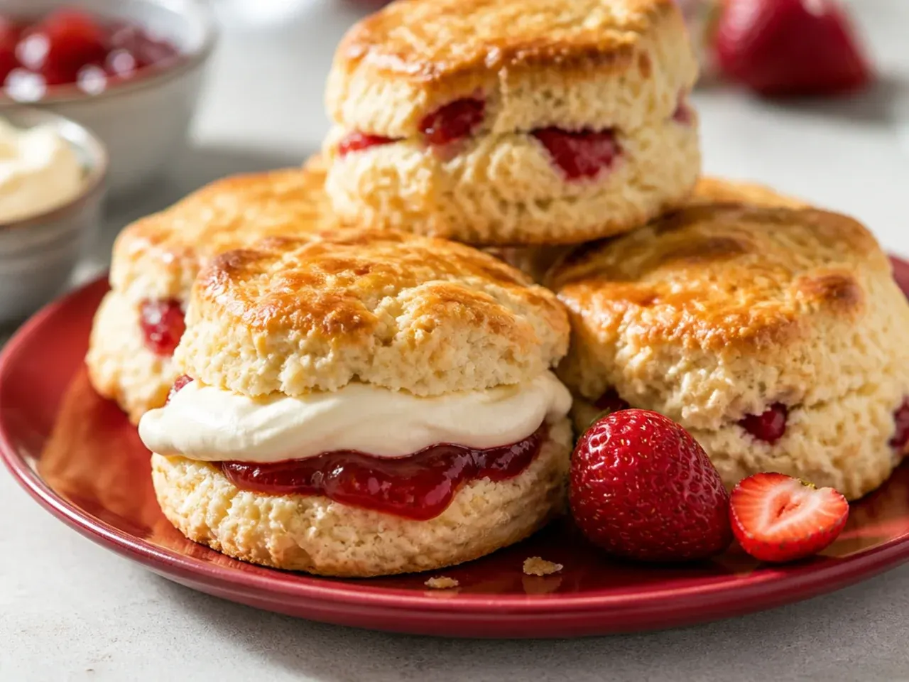Overhead shot of twenty different scone varieties arranged on a large serving board