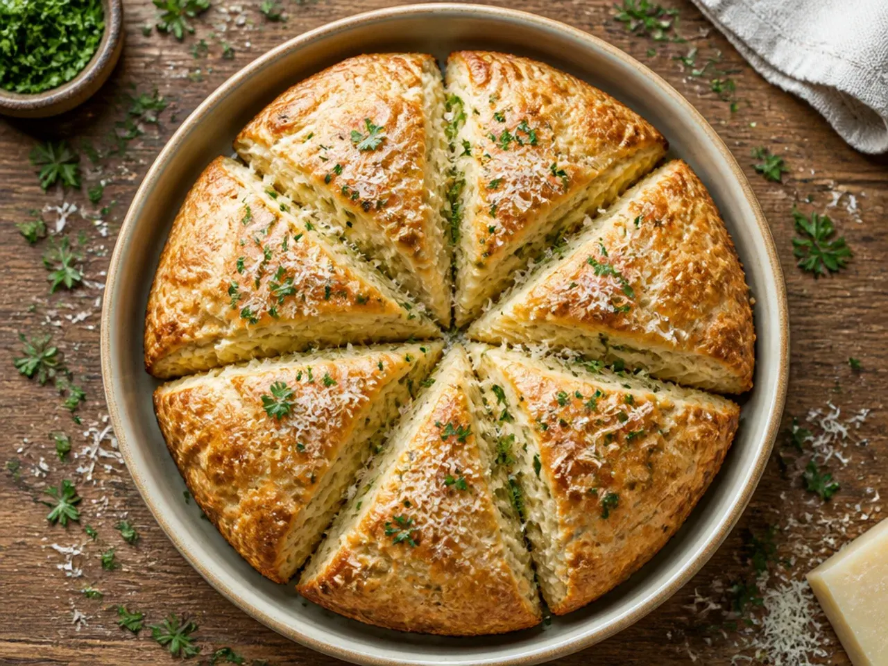 Close-up of a classic all-butter scone split open showing a light, flaky crumb