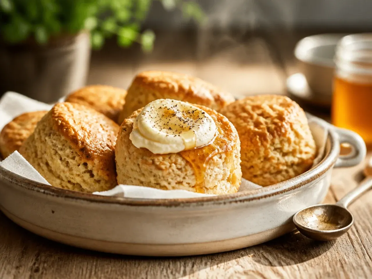 Wholemeal honey scones with a rustic, speckled crumb visible