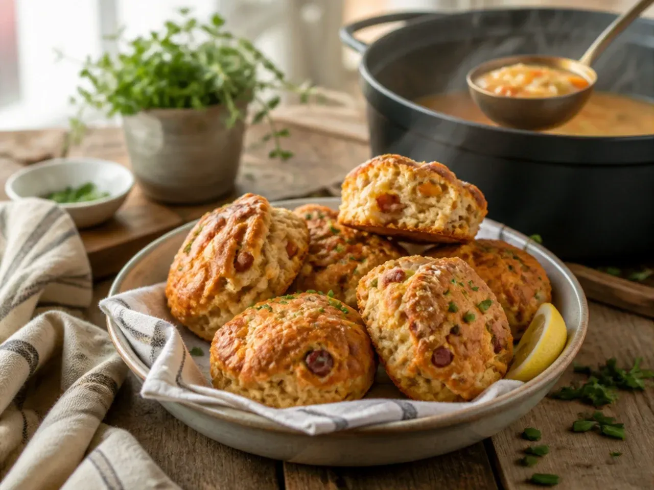 Savoury cheddar and bacon scones with melted cheese on top