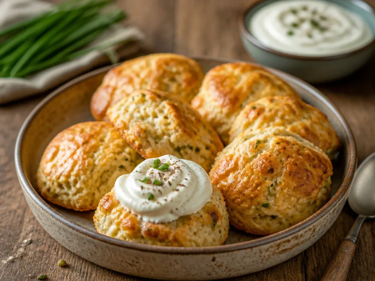 Cheese and chive scones split open showing melted cheese pockets