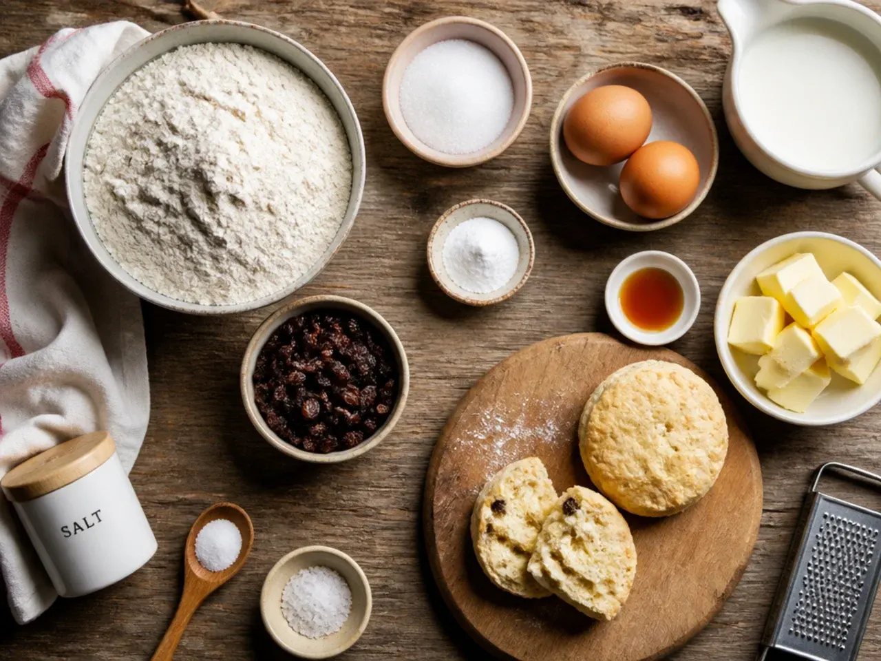 Hands cutting round scones from dough with a metal cutter, pressed straight down