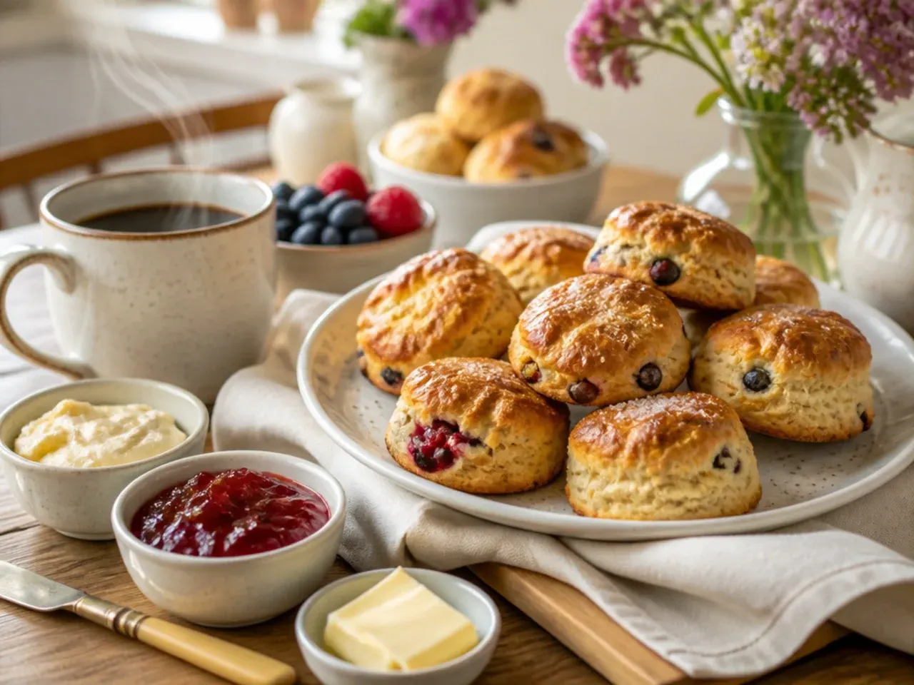 A cream tea spread with scones, jam and clotted cream on a laid table