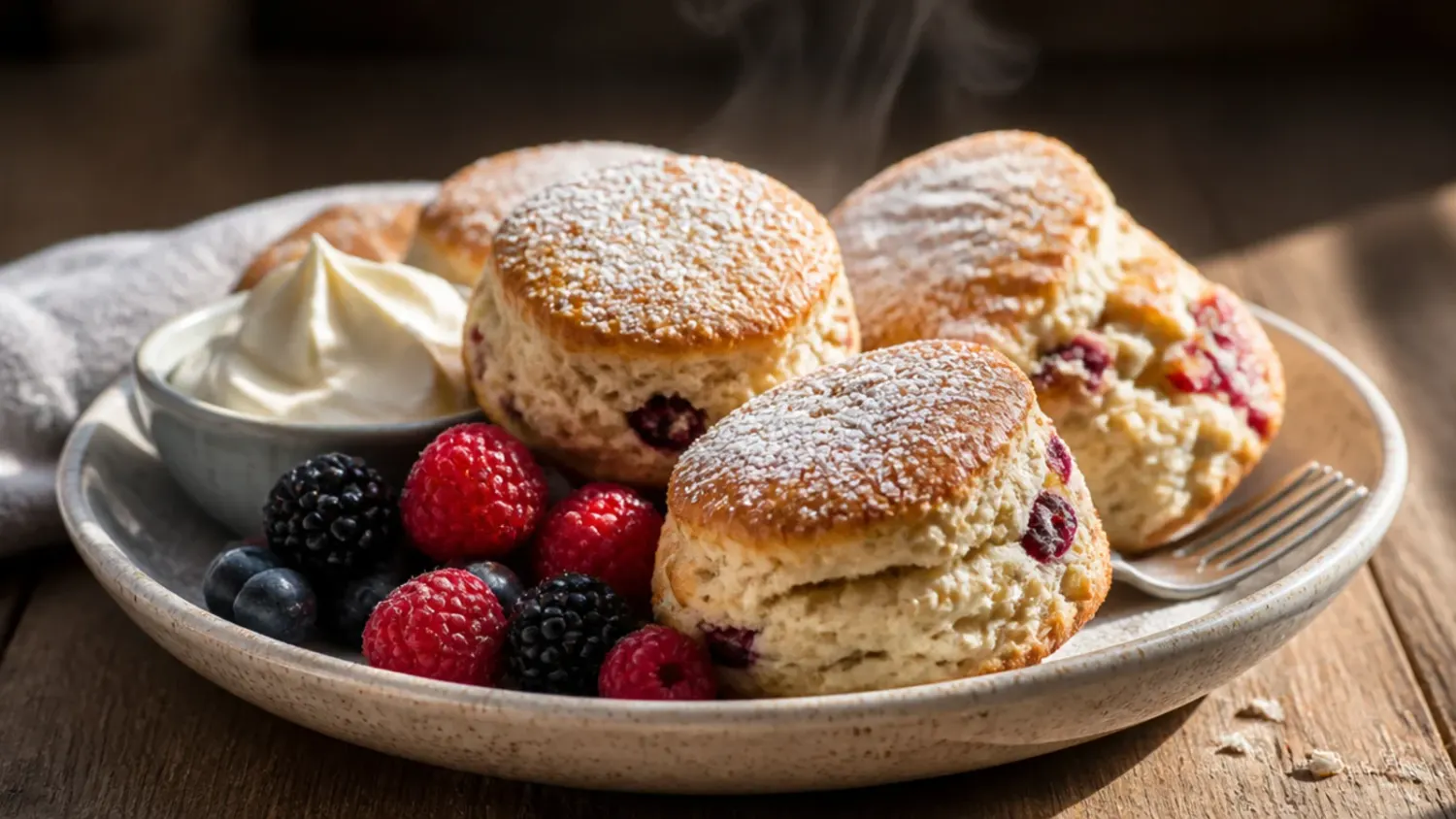 A batch of golden-brown buttermilk scones split open with clotted cream and strawberry jam, cooling on a wire rack.