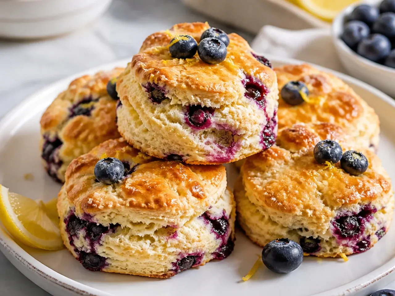 An overhead spread of many different scone varieties on a wooden table, including plain, fruit and cheese scones.