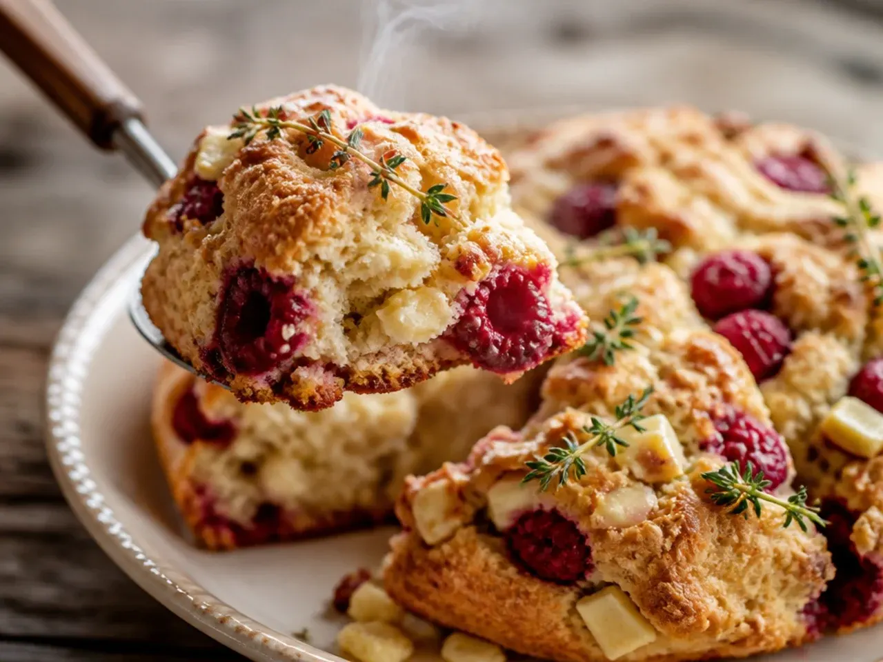 Raspberry and white chocolate scones with pink-flecked crumb visible where they have been split open.
