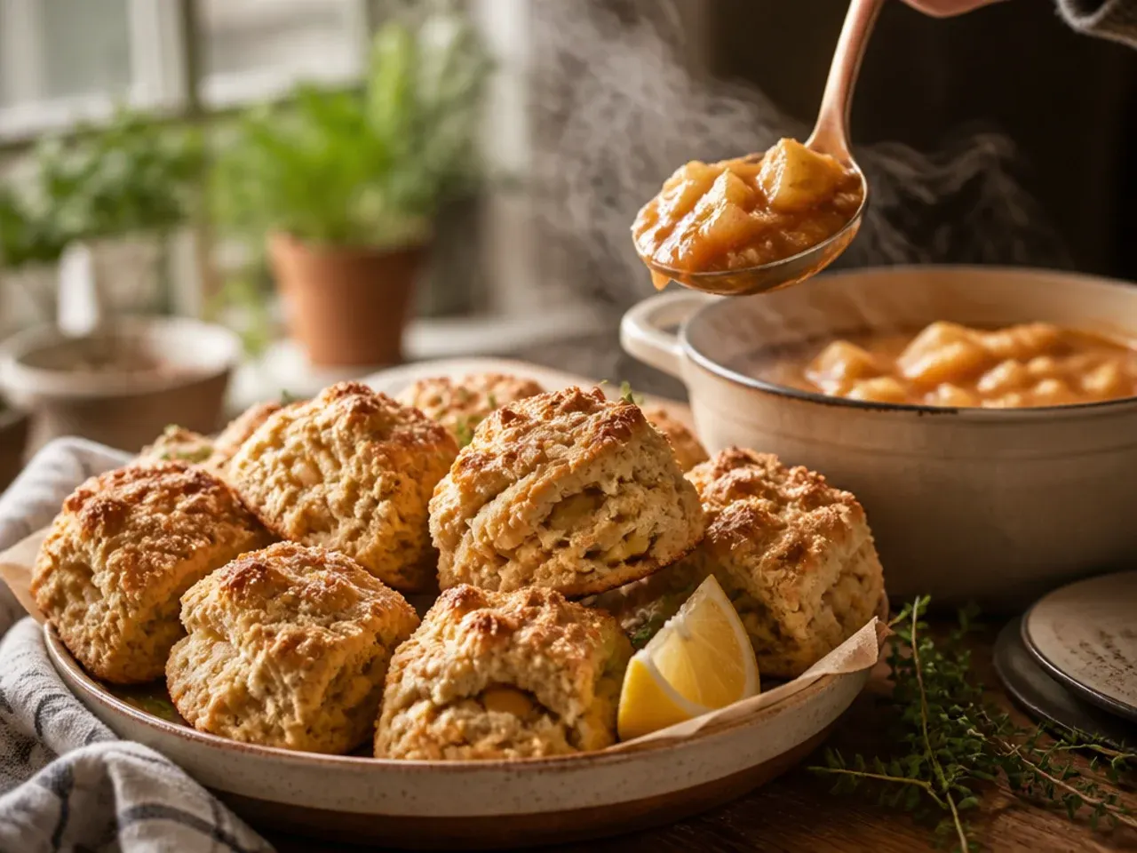 Cinnamon apple scones with a crackly brown sugar top, arranged on a rustic wooden board.