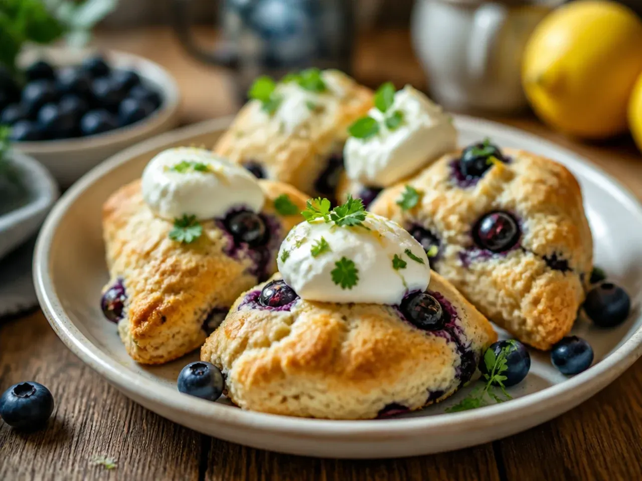 Lemon blueberry scones drizzled with white icing, with visible blueberries in the crumb.