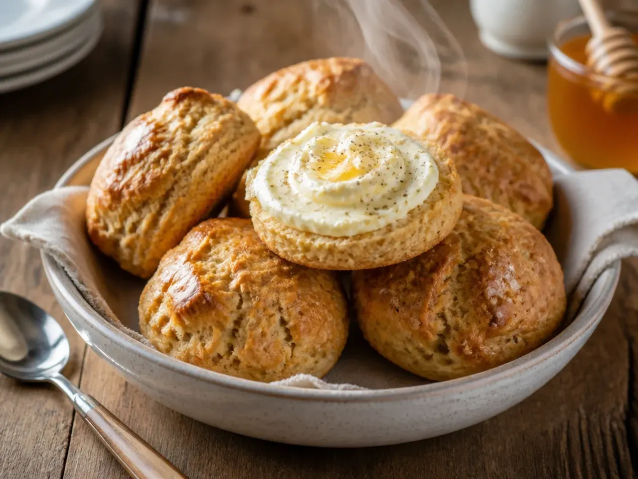 Rustic wholemeal oat scones topped with a scattering of oats, split and spread with honey.