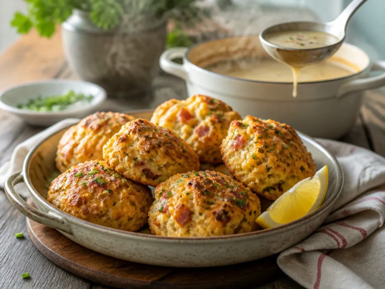 Cheddar and bacon scones with melted golden cheese on top, split open on a plate.