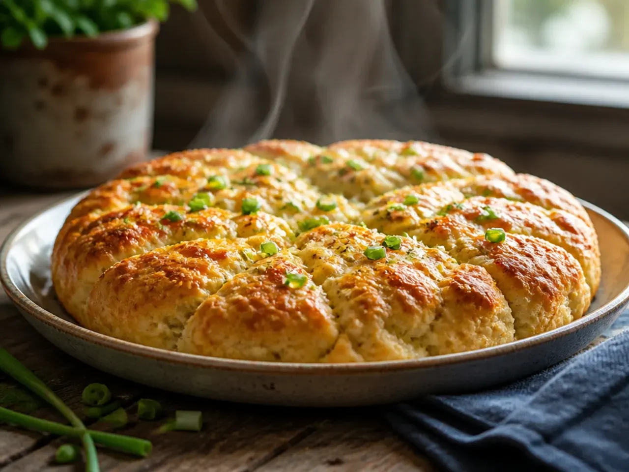 A large family-size scone scored into wedges on a wooden board with jam and cream alongside.