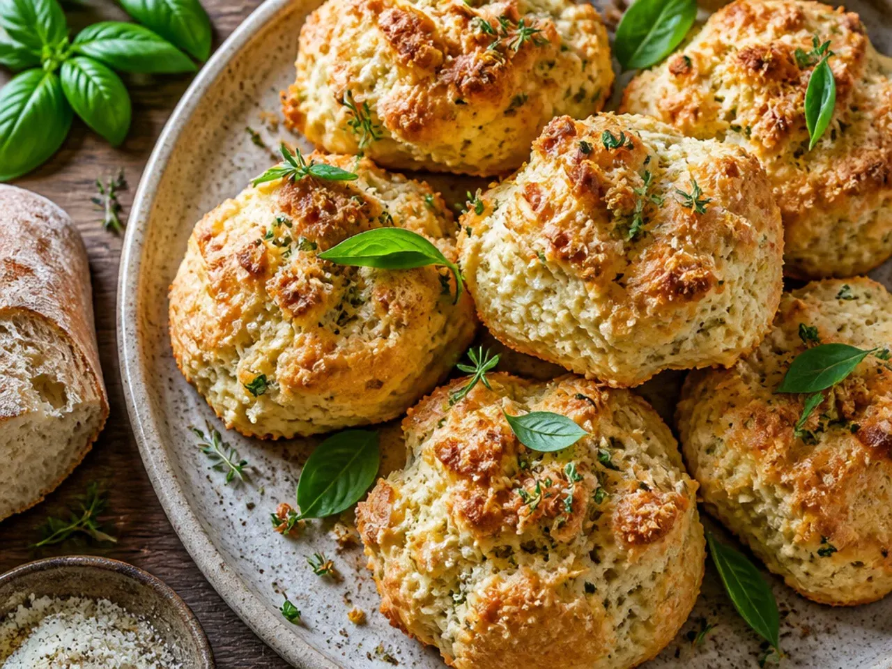 Tall bakery-style scones showing a distinct flaky ledge around the middle where they have risen.