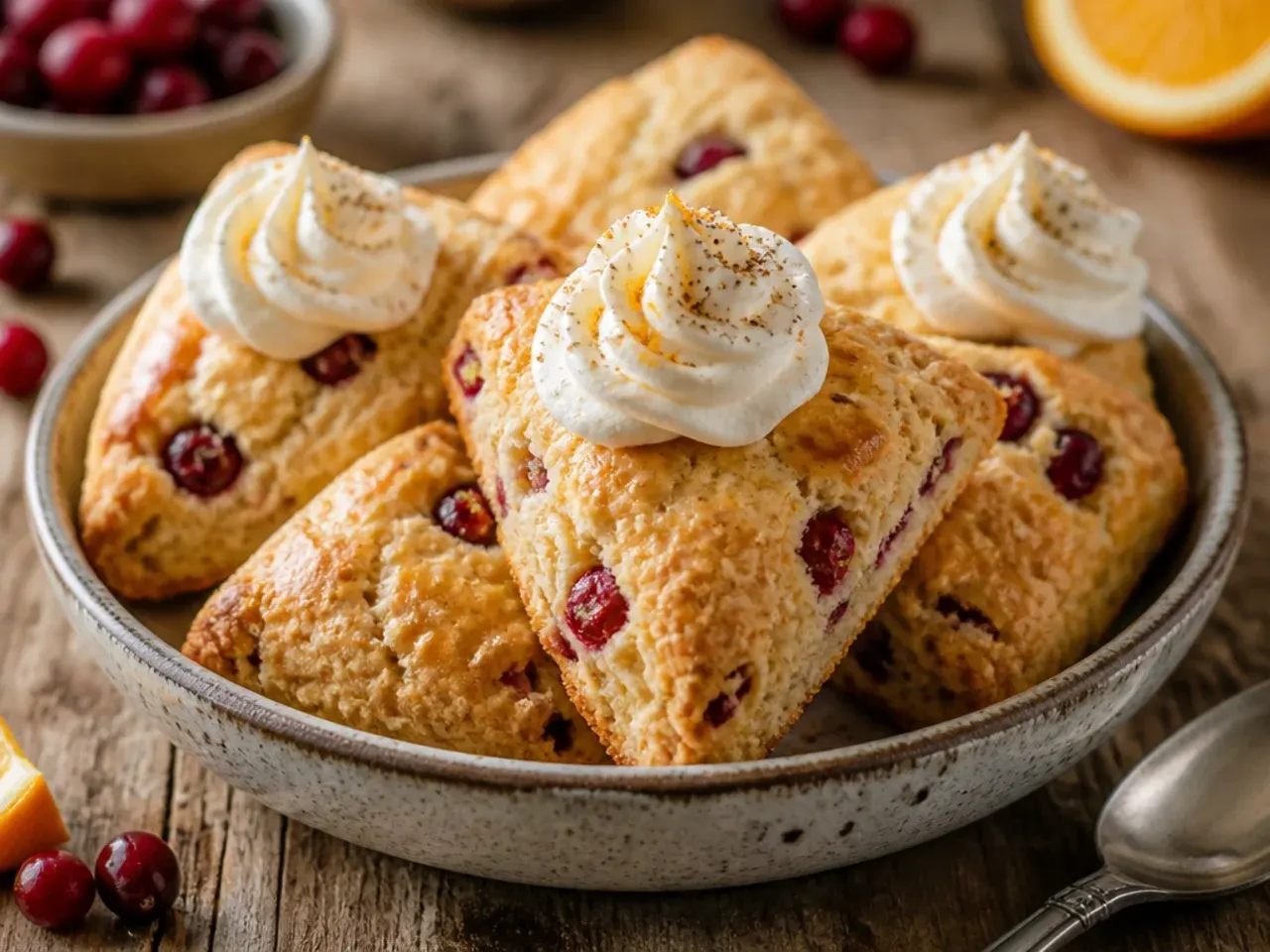Cranberry orange scones with an orange glaze drizzled over the top, dried cranberries visible in the crumb.