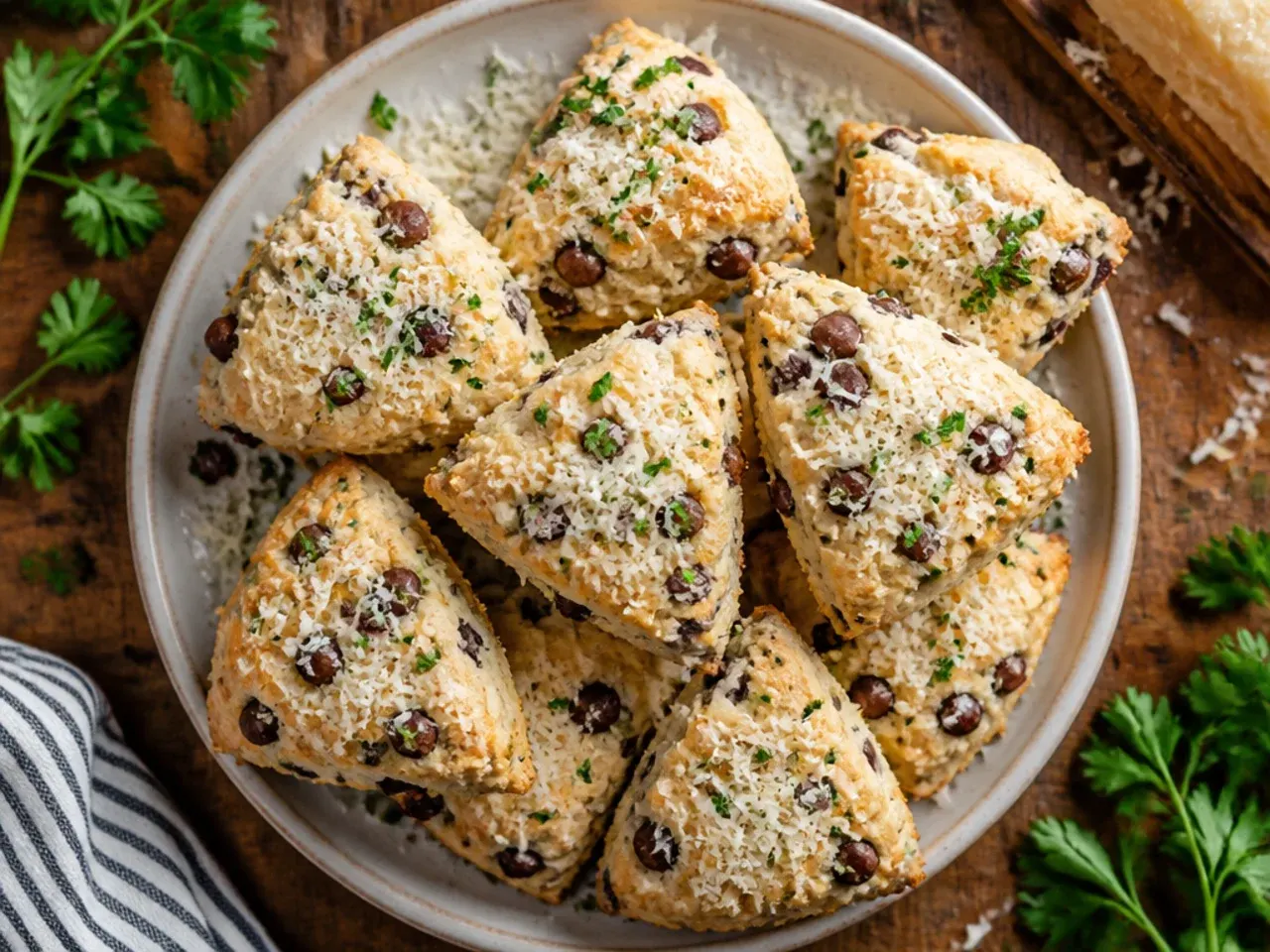 Chocolate chip scones split open to show melted pockets of chocolate throughout the crumb.