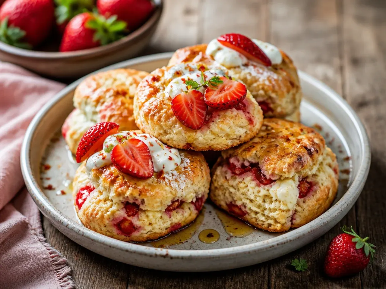 Strawberries and cream scones filled with whipped cream and fresh sliced strawberries.