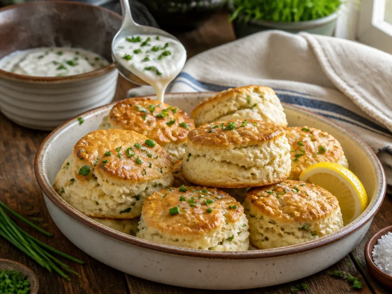 Savoury soured cream and chive scones flecked with green herbs, split and buttered.