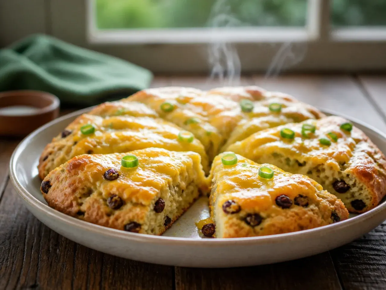 Traditional sultana fruit scones split and buttered on a floral tea plate.