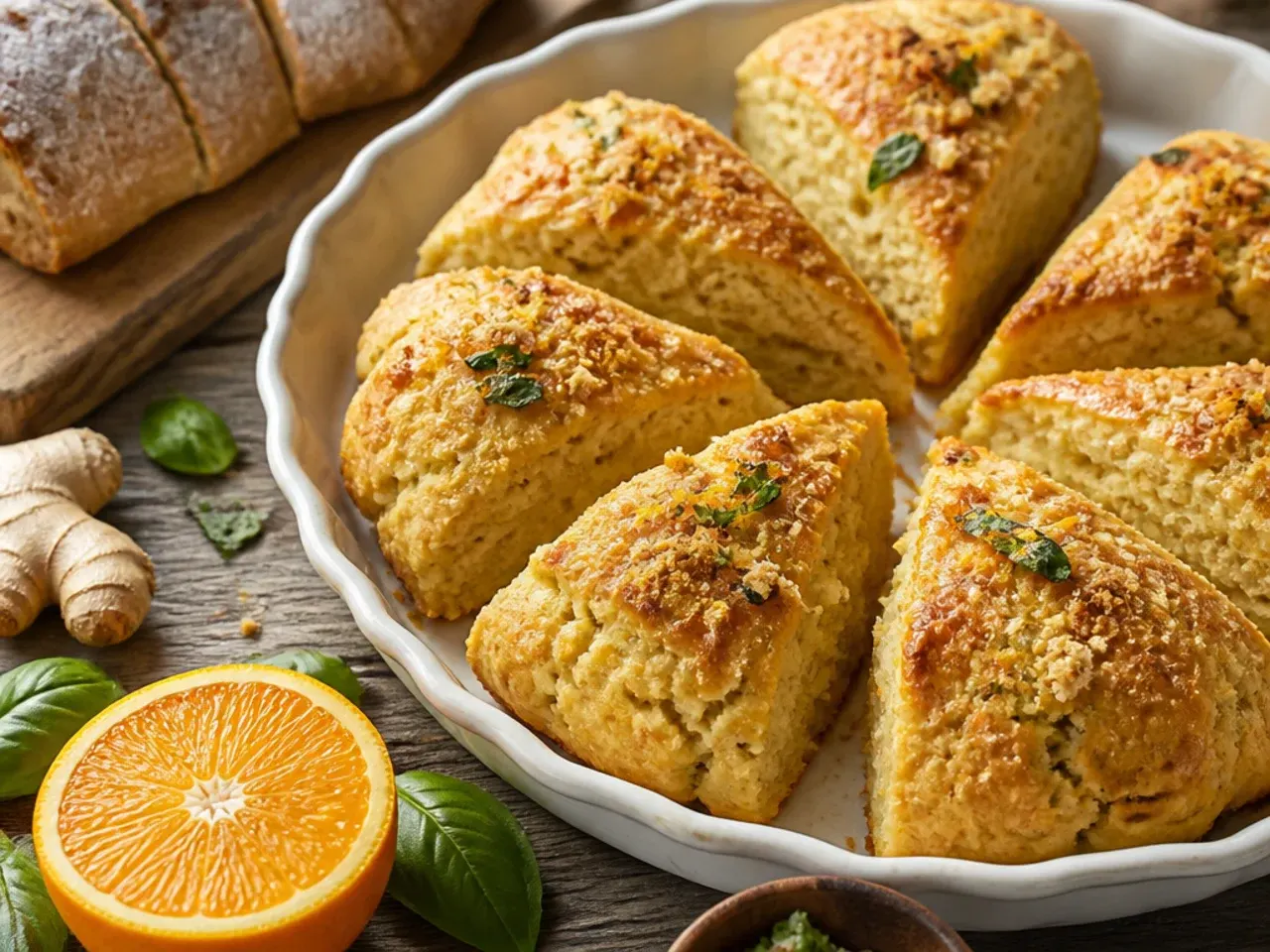 Orange and ginger scones with visible flecks of crystallised ginger, drizzled with icing.