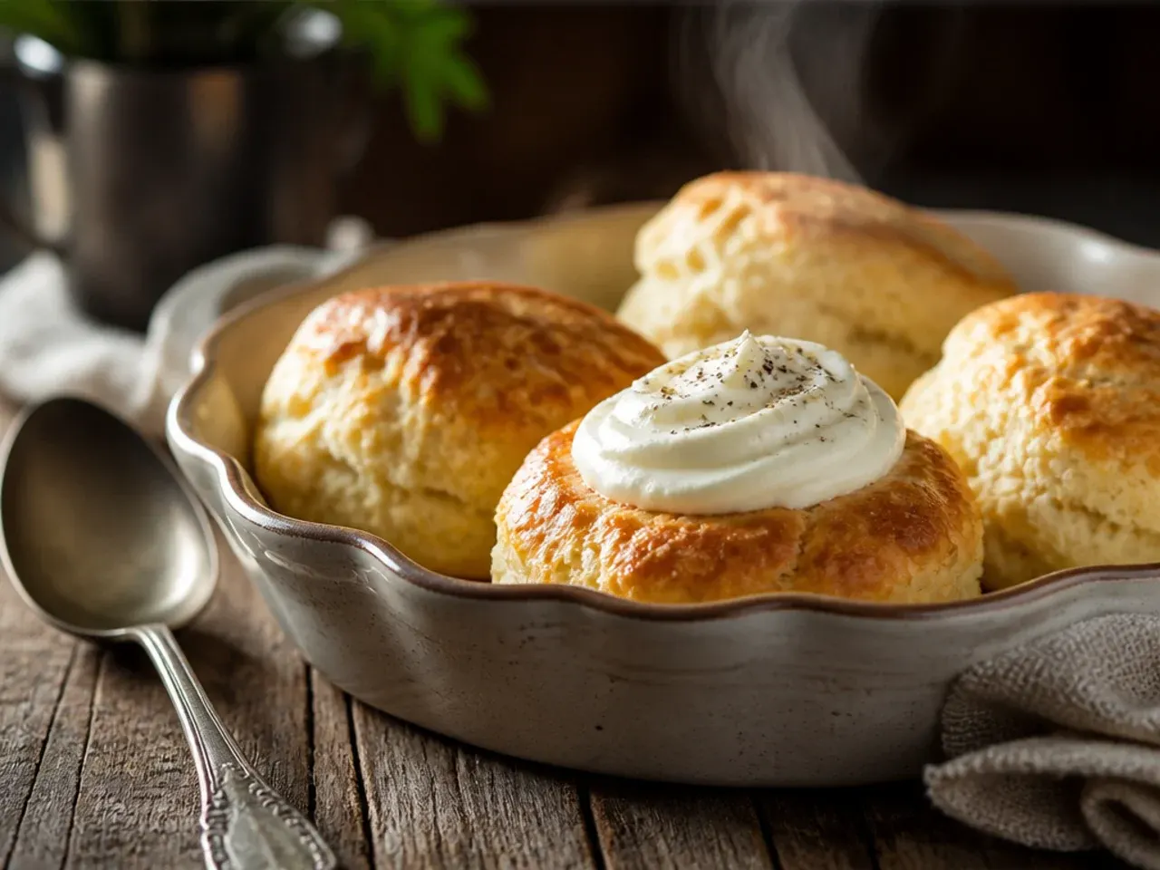 Vegan coconut oil scones arranged on a plate with a small bowl of oat milk nearby.