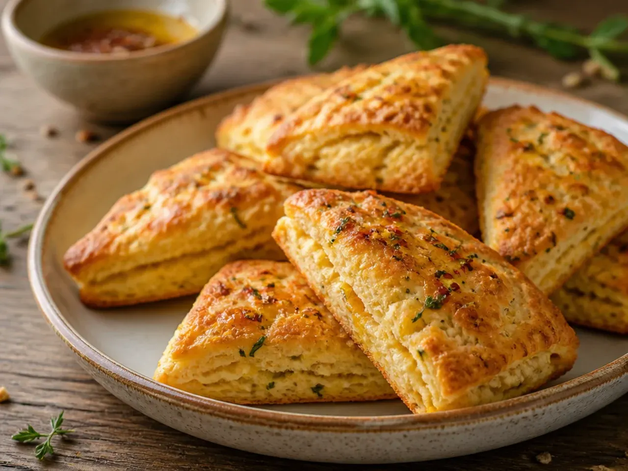 Triangular cheese and herb scones with a crisp Parmesan crust, served with soup.