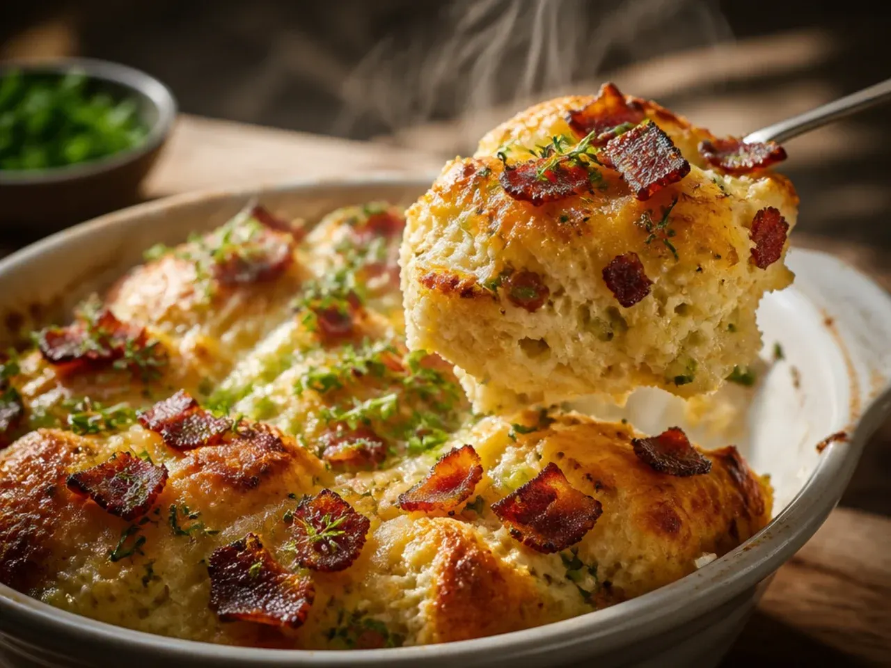 Loaded bacon, cheese and spring onion scones split open showing melted cheese and bacon pieces.