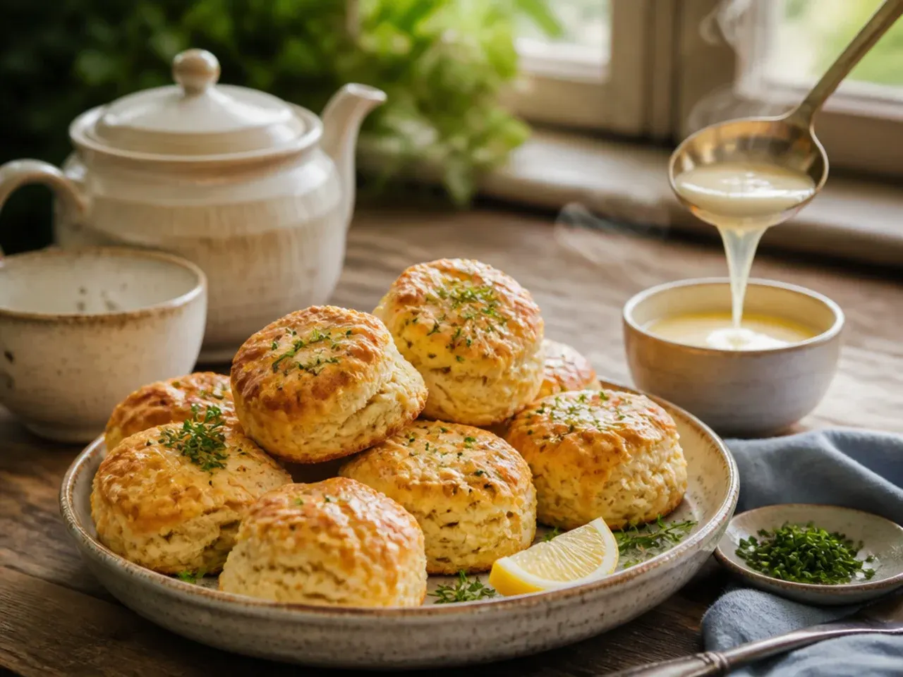 A full Sunday cream tea spread with large scones, clotted cream, strawberry jam and a teapot.