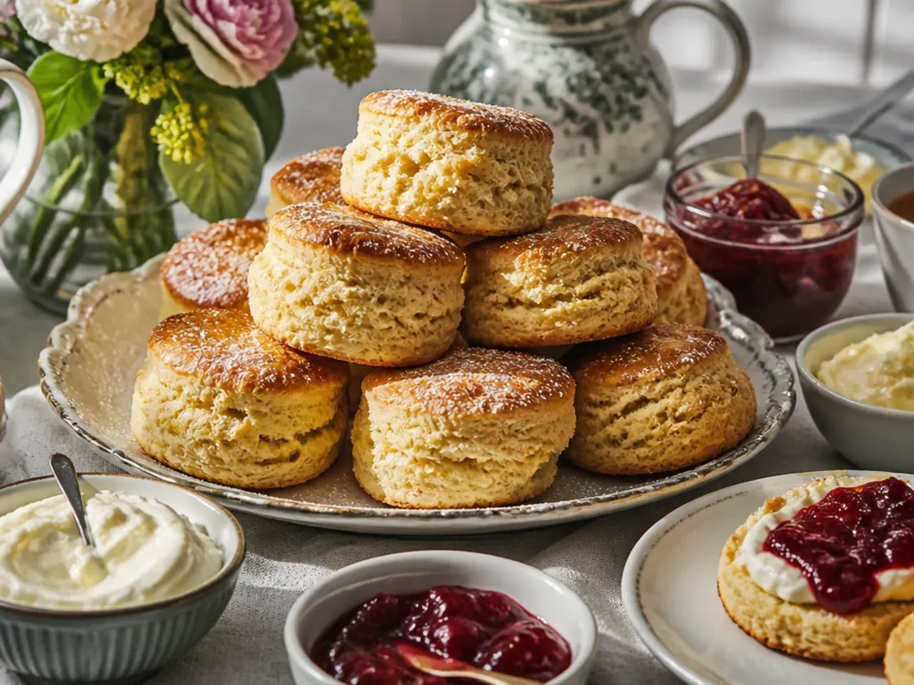 A tiered cake stand with an assortment of sweet and savoury scones, jam and cream for serving.