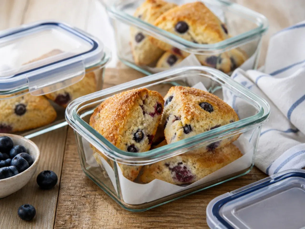 Baked scones being stored in an airtight glass container on a kitchen counter.