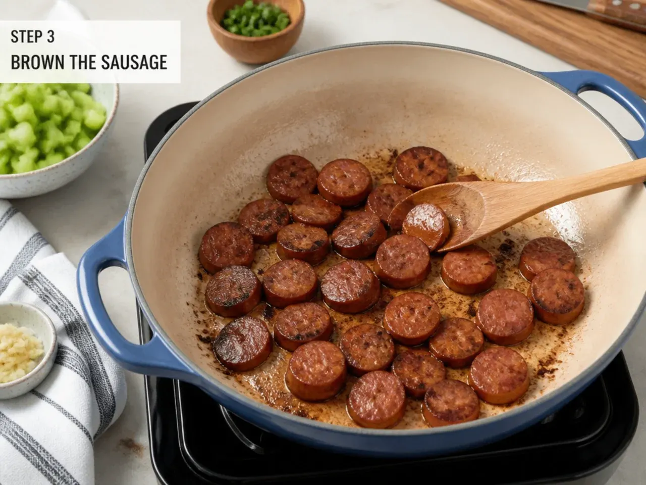 seafood gumbo recipe — step 3: brown the sausage